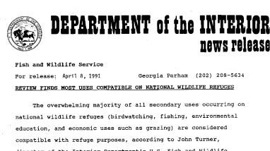 Review Finds Most Uses Compatible on National Wildlife Refuges Arpil 08,1991