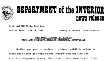 New Publications Highlight Fish and Wildlife Service Programs, Activities June 24, 1991