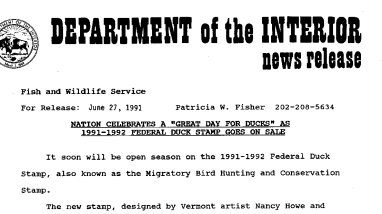 Nation Celebrates A "Great Day for Ducks" as 1991-1992 Federal Duck Stamp Goes on Sale June 27, 1991