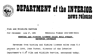 Hunting and Fishing License Sales Hold Steady, Revenues Increase June 27, 1991