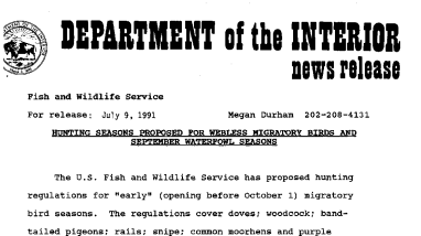 Hunting Seasons Proposed for Webless Migratory Birds and September Waterfowl Seasons July 09,1991