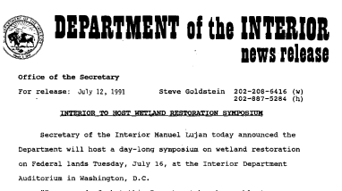 Interior to Host Wetland Restoration Symposium July 12, 1991