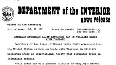 Interior Secretary Lujan Announces Ban on Wildlife Trade With Thailand July 17, 1991