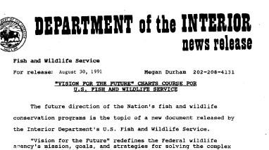 "Vision for the Future" Charts Course for U.S. Fish and Wildlife Service August 30,1991