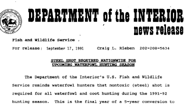 Steel Shot Required Nationwide for Upcoming Waterfowl Hunting Season September 17,1991