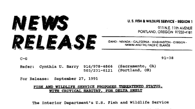 Fish and Wildlife Service Proposes Trheatened Status, With Critical Habitat, for Delta Smelt September 27,1991