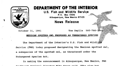 Mexican Spotted Owl Proposed as Threatened Species October 31, 1991