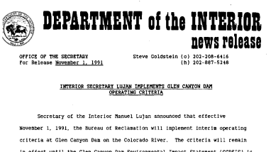 Interior Secretary Lujan Implements Glen Canyon Dam Operating Criteria November 01,1991