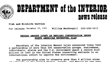 Record Amount Spent on Wetland Conservation Under North American Waterfowl Plan November 29, 1991