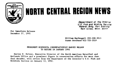 Prominent Minnesota Conservationist Harvey Nelson to Retire in January 1992 December 27,1991
