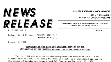 Statement by the Fish and Wildlife Service on the Designation of the Marbled Murrelet as A Threatened Species October 005,1992