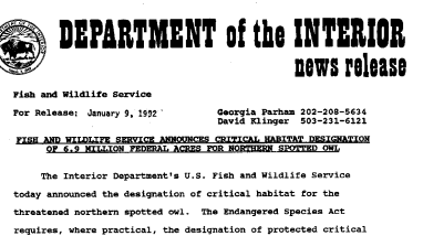 Fish and Wildlife Service Announces Critical Habitat Designation of 6.9 Million Federal Acres for Northern Spotted Owl January 09,1991