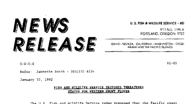 Fish and Wildlife Service Proposes Threatened Status for Western Snow Plover January 10,1992