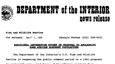Additional Information Sought on Proposal to Reclassify Some African Elephant Populations April 01,1992