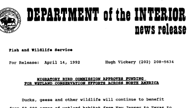 Mirgatory Bird Commission Approves Funding for Wetland Conservation Efforts Across North America April 14, 1992