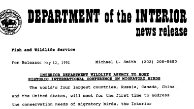 Interior Department Wildlife Agency to Host Historic International Conference on Migratory Birds May 12, 1992