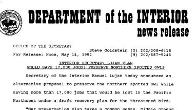 Interior Secretary Lujan Plan Would Save 17,000 Jobs; Preserve Northern Spotted Owls May 14, 1992