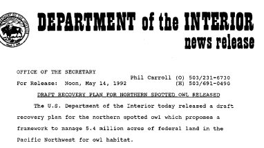 Draft Recovery Plan for Northern Spotted Owl Released May 14, 1992