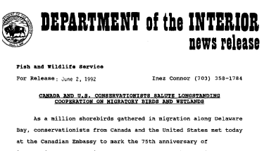 Canada and U.S. Conservationists Salute Longstanding Cooperation on Migratory Birds and Wetlands June 02,1992
