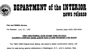 1992-1993 Federal Duck Stamp Goes on Sale; Coleman Company Gives Junior Duck Stamp Program A Big Boost June 22,1992