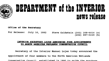 Interior Secretary Lujan Announces Four Appointments to North American Wetlands Conservation Council July 16, 1992