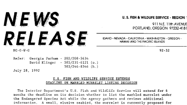 U.S. Fish and Wildlife Service Extends Deadline on Marbled Murrelet Listing Decision July 28, 1992