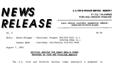 Critical Habitat for Least Bell's Vireo Proposed by Fish and Wildlife Service August 07,1992