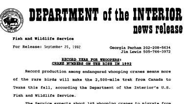 Record Year for Whoopers: Crane Numbers on the Rise in 1992 September 25, 1992