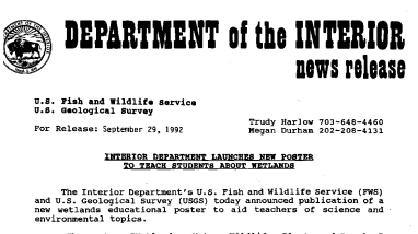 Interior Department Launches New Poster to Teach Students About Wetlands September 29, 1992