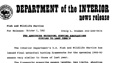 FWS Announces Waterfowl Hunting Regulations Similar to Last Year's October 01,1992