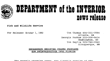 Endangered Whooping Cranes Proposed for Reintroduction Into Florida October 01,1992