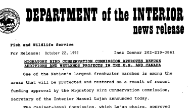 Migratory Bird Conservation Commission Approves Refuge Additions and Wetlands Projects in the U.S. and Canada October 22, 1992