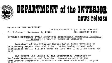 Interior Secretary Lujan Announces Interagency Committee Proposal to Restore 10 Million Acres of Wetlands November 02,1992