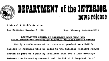 Legislation Signed by President Bush Will Add Vital Bottomland Habitat to National Wildlife Refuge System November 05, 1992