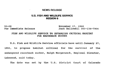 Fish and Wildlife Service to Establish Critical Habitat for Razorback Sucker November 17, 1992