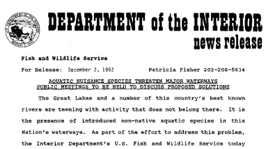 Aquatic Nuisance Species Threaten Major Waterways Public Meetings to Be Held to Discuss Proposed Solutions December 02,1992