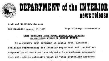 Land Exhange Adds Vital Bottomland Habitat to Wildlife Refuge System January 13, 1993