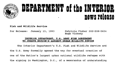 Interior Department, U.S. Army Sign Agreement to Create Nation's Largest Urban Wildlife Refuge January 13, 1993