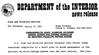 Comprehensive Draft Planning Document Charts Course for Future Operation of National Wildlife Refuge System January 15,1993