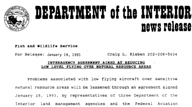 Interagency Agreement Aimed at Reducing Low Level Flying Over Natural Resource Areas January 19, 1993