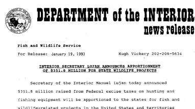 Interior Secretary Lujan Announces Appointment of $351.8 Million for State Wildlife Projects