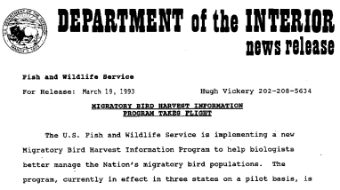 Migratory Bird Harvest Information Progam Takes Flight March 19, 1993