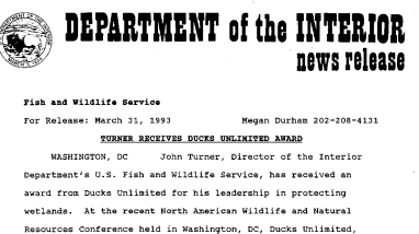 Turner Receives Ducks Unlimited Award March 31, 1993