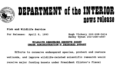 Wildlife Resources Receive Boost Under Administration's Proposed Budget April 08, 1993