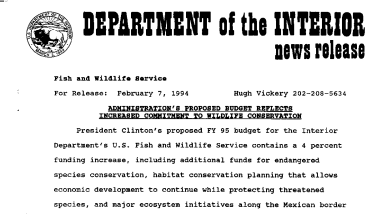 Administration's Proposed Budget Reflects Increased Commitement to Wildlife Conservation February 07, 1994