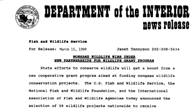 Nongame Wildlife Wins Under New Partnerships for Wildlife Grant Program March 15, 1994