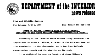 Steve N. Wilson, Arkansas Game & Fish Director, Appointed to the North American Wetlands Conservation Council April 01, 1994