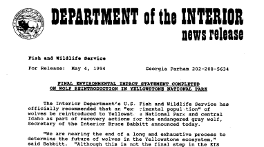 Final Environmental Impact Statement Completed on Wolf Reintroduction in Yellowstone National Park May 04, 1994