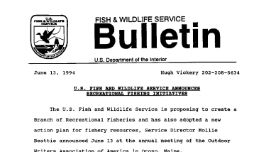 U.S. Fish and Wildlife Service Announces Recreational Fishing Initiative June 13, 1994