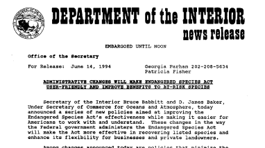 Administrative Changes Will Make Endangered Species Act User-Friendly and Improve Benefits to At-Risk Species June 14, 1994